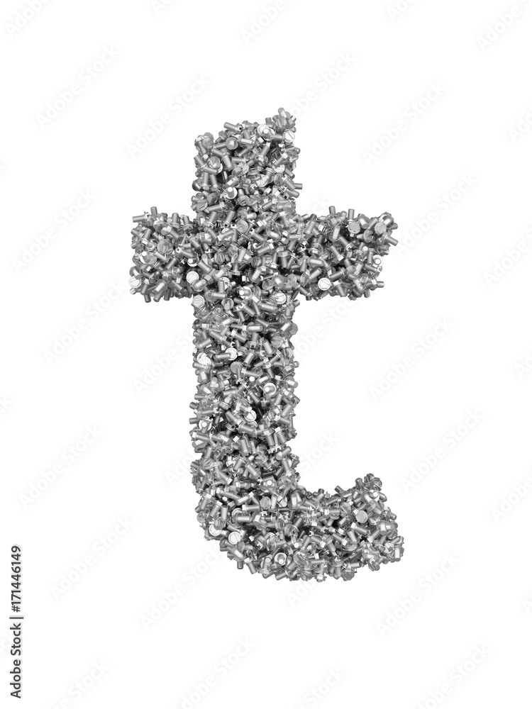 Fototapete 3d render of silver or grey alphabet make from bolts. small letter t with clipping path. isolated on