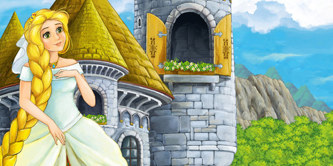 cartoon scene of a princess - girl - sitting in the window illustration for children © honeyflavour