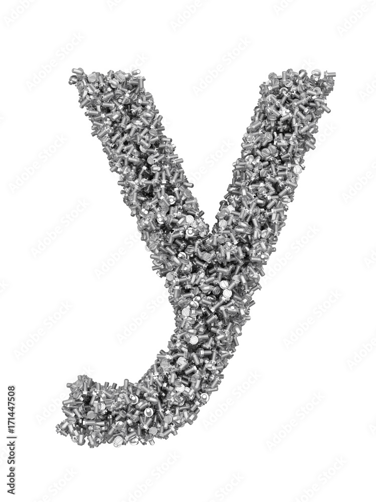 Fototapete 3d render of silver or grey alphabet make from bolts. small letter y with clipping path. isolated on