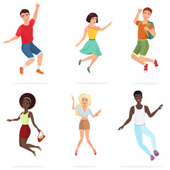 Happy group of multi ethic teen friends jumping. Cartoon people character vector illustration.