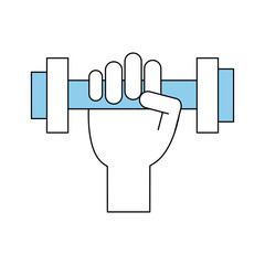 hand holding dumbbell fitness related icon image vector illustration design sketch style