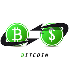 Bitcoin and dollar on white background. Currency exchange for Your business project. Black and green bitcoin. Vector Illustration