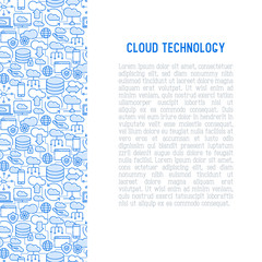 Cloud computing technology concept with thin line icons related to hosting, server storage, cloud management, data security, mobile and desktop memory. Vector illustration.