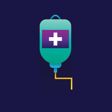 Blood transfusion saline bag vector on blue background. icon