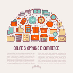 E-commerce, shopping concept with thin line icons: shopping cart, payment method, delivery, sale. Vector illustration for background of banner, web page, print media with place for text.