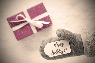 Pink Gift, Glove, Text Happy Holidays, Instagram Filter