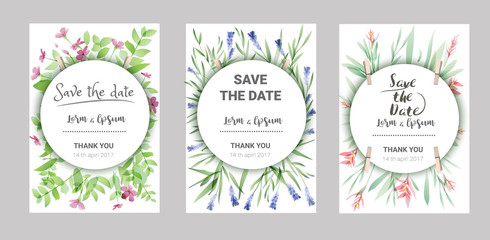 Hand drawn vector save the date set, watercolor invitation template with flower. vector illustration