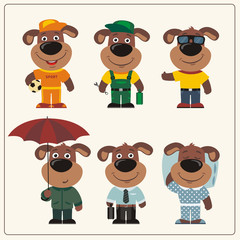 Set funny Puppy Dog in different clothing: sportsman, worker, manager, summer, autumn, sleepwear. Collection isolated Puppy Dog in clothing in cartoon style.