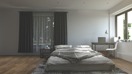 bedroom 3D rendering in room with blank wall,new furniture, white walls
