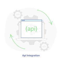 Web (API) Integration illustration, software development template sign. Application programming Interface with laptop flat line icon. Isolated vector.