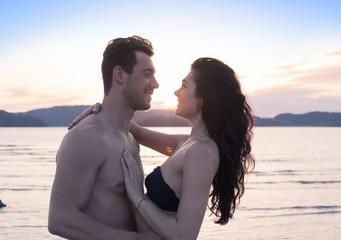 Couple On Beach Summer Vacation, Beautiful Young Happy People In Love, Man And Woman Smile Sea Ocean Holiday Travel