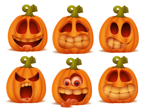 set of cartoon pumpkin halloween characters in different emotions