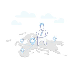 Flat line illustration concept of business expansion, headquarters and branch offices structure, building office network or franchise business. Cartoon man standing on the Europe map with map pins