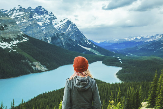 Rear View Of Woman Looking At View While Standing At Banff National Park