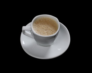 White cup of coffee isolated on black background