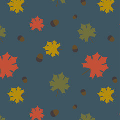 Autumn seamless pattern color change of maple leaves and nuts, editable background color.