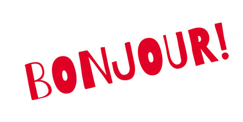 Bonjour rubber stamp. Grunge design with dust scratches. Effects can be easily removed for a clean, crisp look. Color is easily changed.