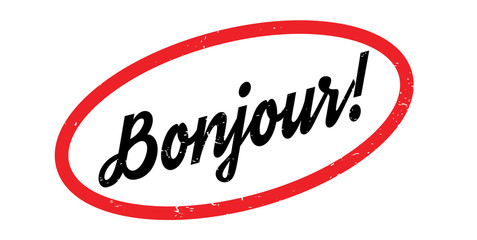 Bonjour rubber stamp. Grunge design with dust scratches. Effects can be easily removed for a clean, crisp look. Color is easily changed.