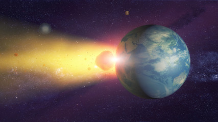 3d rendering. Meteorite crashing against planet earth