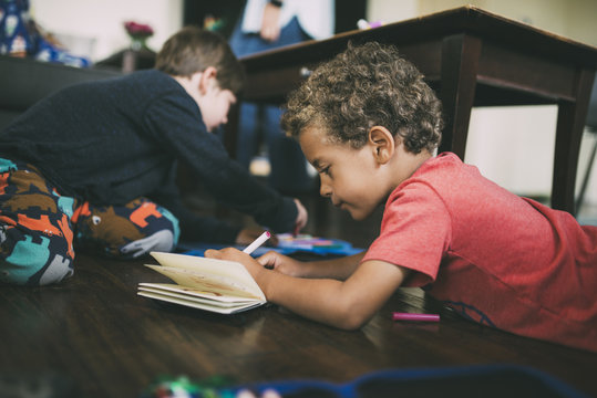 Brothers doing homework at home