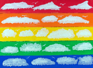 Hand Painted Wood Panel - Rainbow Colors Clouds Birds