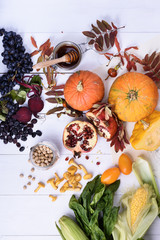 Fruits and vegetables in a colorful arrangement. Winter, fall groceries.