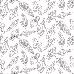 Rockets space ships black and white line seamless vector pattern