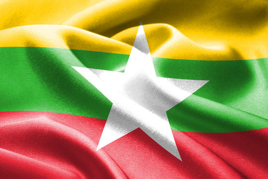 Myanmar flag with fabric texture. Flag of Myanmar. 3D illustration