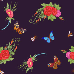 Fototapeta premium Floral seamless pattern with butterflies