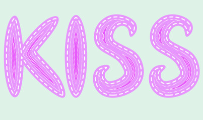Kiss. The inscription is filled with letters with imitation of sewing, lines, patches.