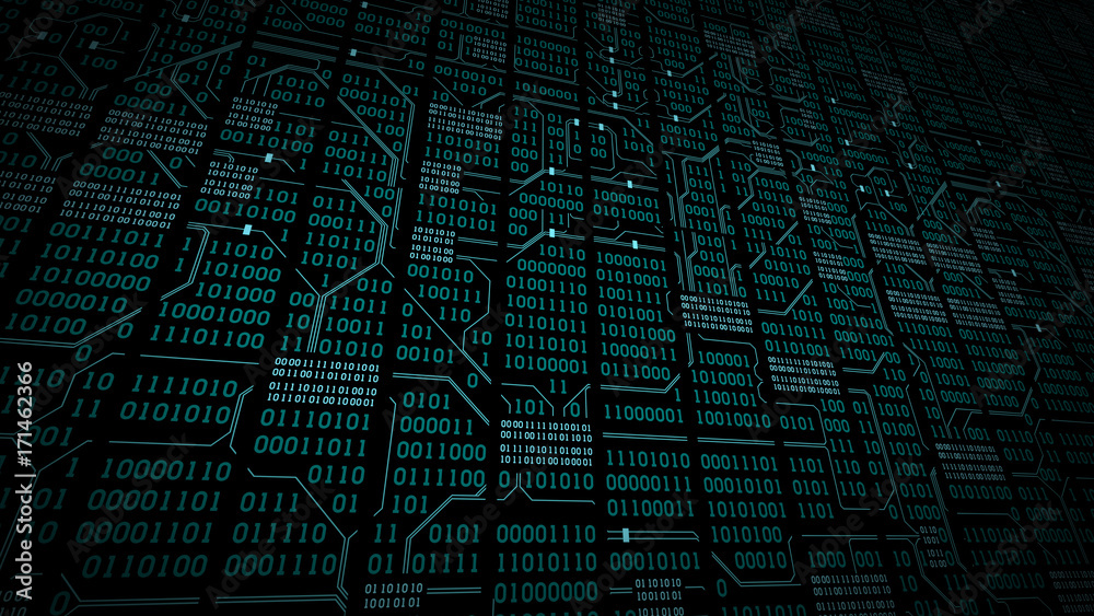 Poster abstract cyberspace with binary code, circuit board, matrix background with digits