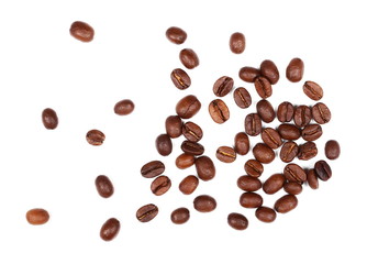 pile coffee beans isolated on white background and texture, top view

