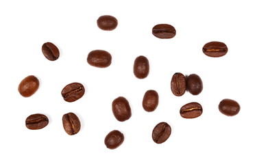 pile coffee beans isolated on white background and texture, top view
