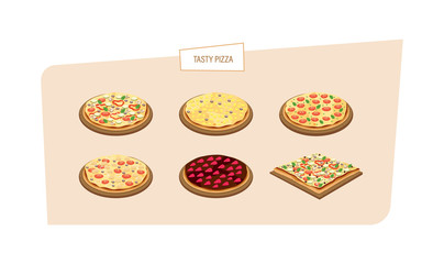 Set of different kinds of pizza with different ingredients, sauces.