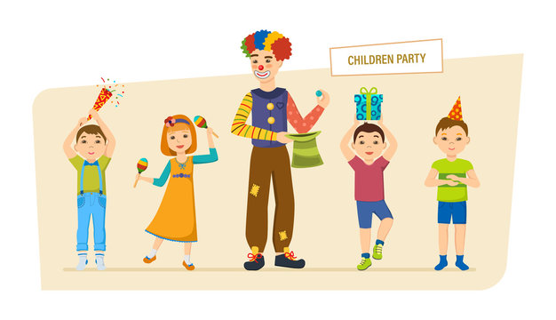 Children's party. Small happy children, have fun, play, spend time.
