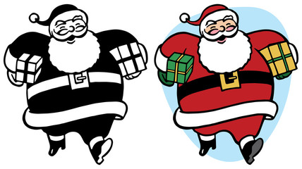 Santa Claus carrying Christmas presents under each arm.