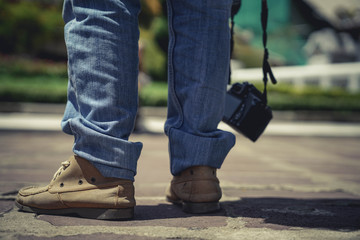 Feet of Tourist Stock Photographer Walking Travel around Bangkok Landmark in Thailand