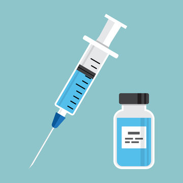 Syringe with blue vaccine, vial of medicine on green background. Vector illustration