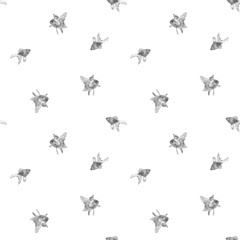 Vector seamless pattern with goldfish isolated on white background drawn by hand. Graphic drawing, pointillism technique. Underwater world. Black and white animal illustration