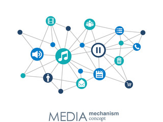 Media mechanism concept. Growth abstract background with integrated meta balls, integrated icon for digital, strategy, internet, network, connect, communicate, technology, global concepts