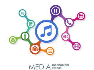 Media mechanism concept. Growth abstract background with integrated meta balls, integrated icon for digital, strategy, internet, network, connect, communicate, technology, global concepts