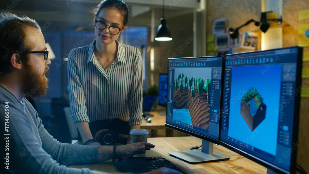 Poster male game developer talks with artistic female level designer. two displays show totally original ga