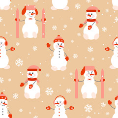 Funny cute snowmen in winter clothes. Seamless pattern.