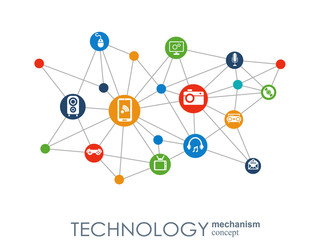 Technology mechanism concept. Abstract background with integrated gears and icons for digital, strategy, internet, network, connect, communicate, social media and global concepts. Vector infographic