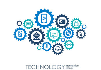 Technology mechanism concept. Abstract background with integrated gears and icons for digital, strategy, internet, network, connect, communicate, social media and global concepts. Vector infographic
