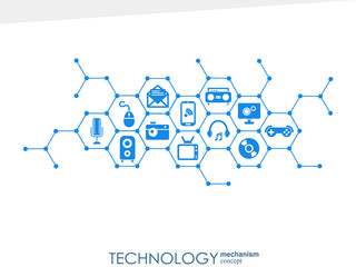 Technology mechanism concept. Abstract background with integrated gears and icons for digital, strategy, internet, network, connect, communicate, social media and global concepts. Vector infographic