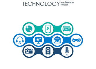 Technology mechanism concept. Abstract background with integrated gears and icons for digital, strategy, internet, network, connect, communicate, social media and global concepts. Vector infographic