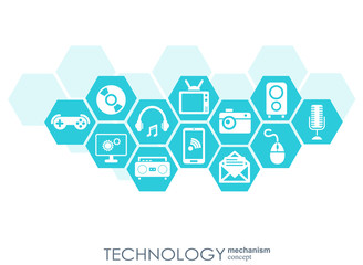 Technology mechanism concept. Abstract background with integrated gears and icons for digital, strategy, internet, network, connect, communicate, social media and global concepts. Vector infographic