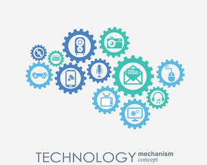 Technology mechanism concept. Abstract background with integrated gears and icons for digital, strategy, internet, network, connect, communicate, social media and global concepts. Vector infographic