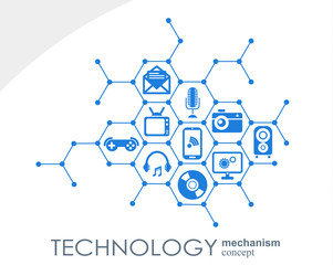 Technology mechanism concept. Abstract background with integrated gears and icons for digital, strategy, internet, network, connect, communicate, social media and global concepts. Vector infographic